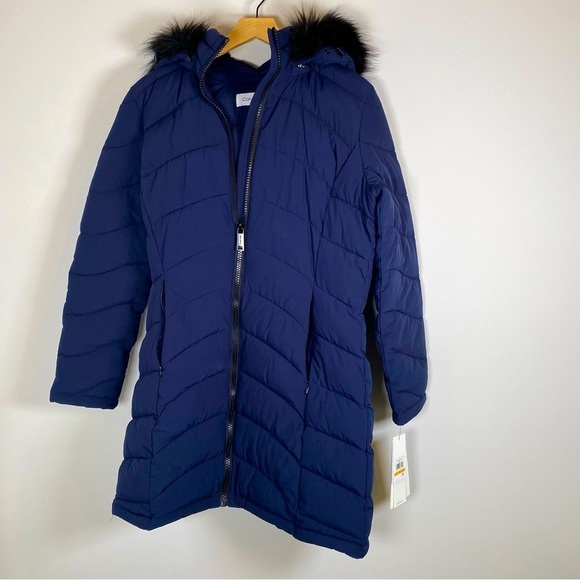 Calvin Klein Long Line Puffer Faux Fur Winter Coat Jacket Navy Size Small NWT - Picture 1 of 11